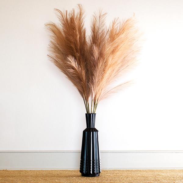 Midnight Black Large Pampas Grass Plume Single Faux Wired Stem