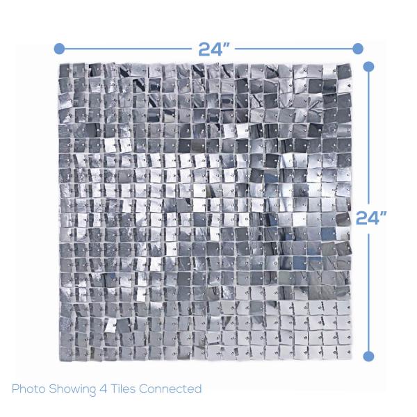 Easy Connect Shimmer Wall Panels w/ Transparent Grid Backing & Square Sequins 12 Tiles Silver