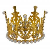 Metal Royal Crown with Rhinestones and Pearls - Gold