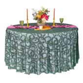 Sequin Looping Leaves Tablecloth Overlay 120" Round - Emerald Green